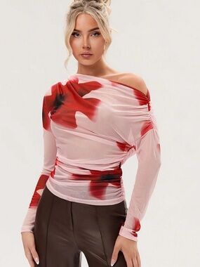 Micas Summer Mesh One Shoulder Long Sleeve pleated Floral Print Ladies Top